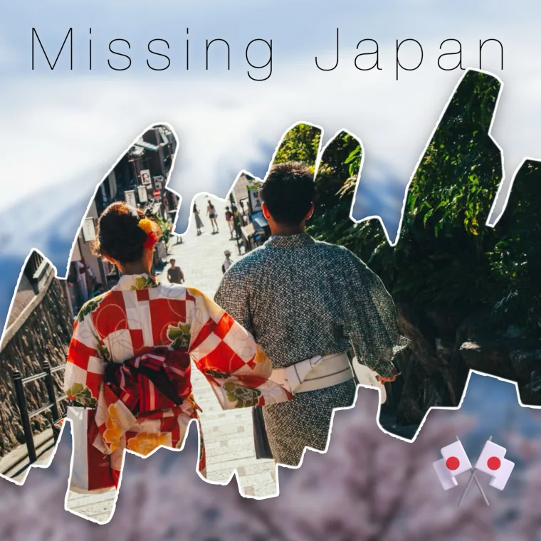Missing Japan: a couple in kimonos cut into a brush shape over Mount Fuji, with two flag stickers